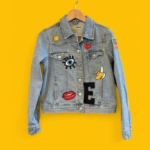 Topshop Jackets & Blazers - Wmn's‎ Fun TopShop X Moto Denim Jean Jacket Embroidered Patches Y2K Style-Size 6